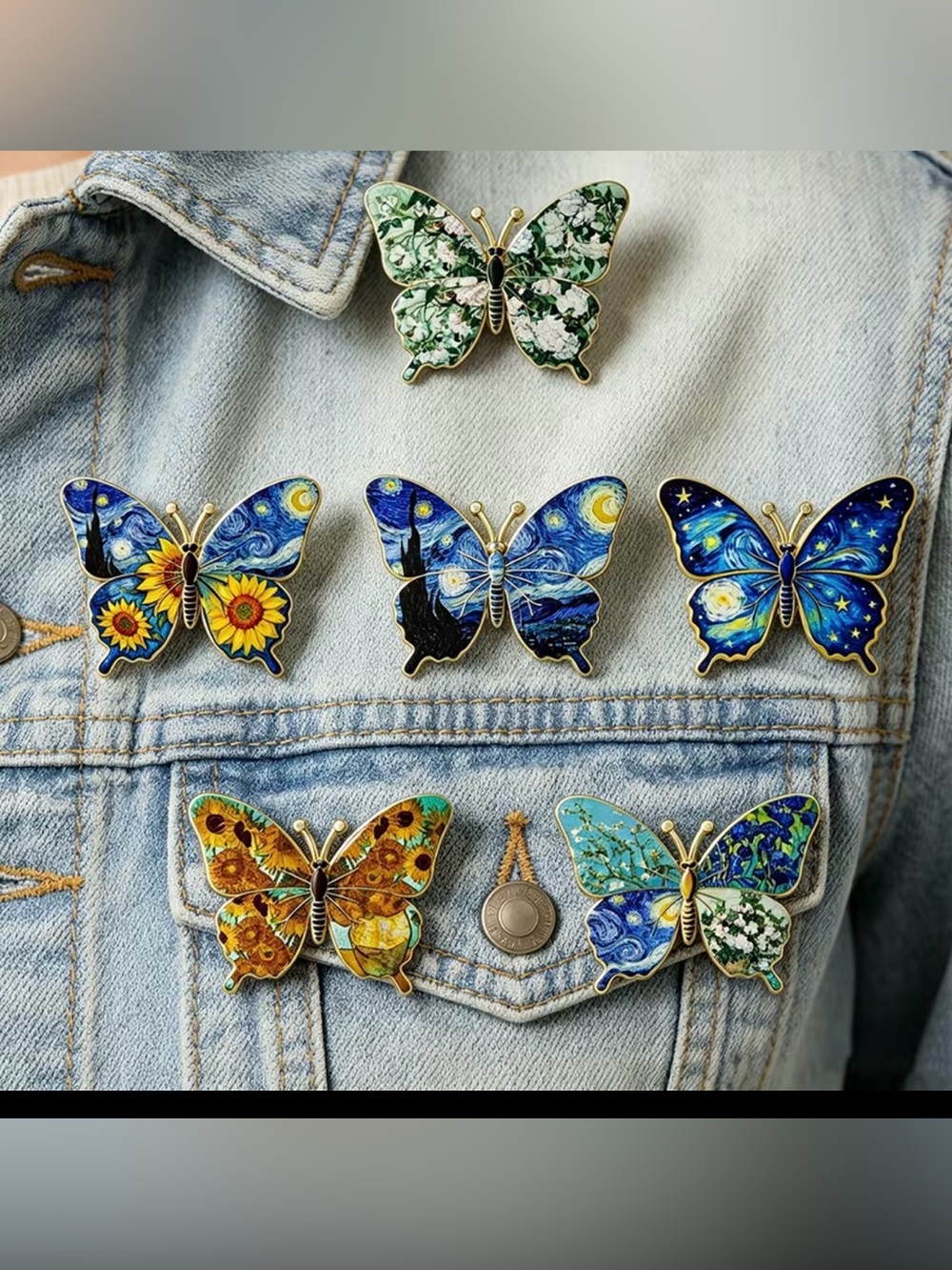 6Pc Van Gogh Butterfly Enamel Pin Set Starry Night Sunflower Art Lapel Badge Lot